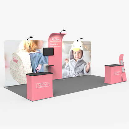 6m exhibition booth with curved brand tower beside a straight tension fabric wall