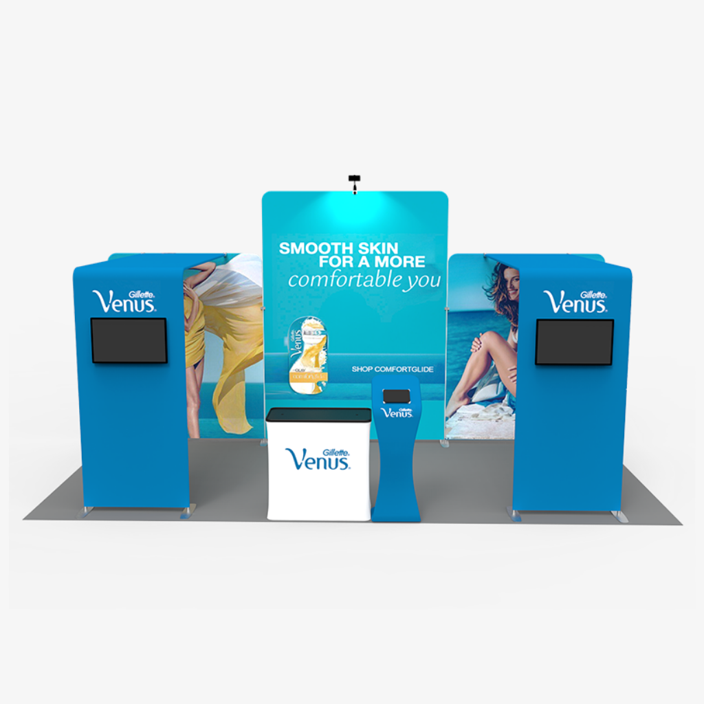 6x3 three sided fabric exhibition stand with 3m centre wall and twin screens — Alcove by Wild Cow Visual