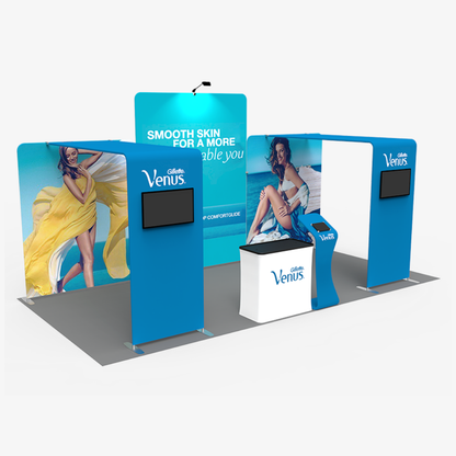 6m exhibition booth enclosed on three sides with L-shaped returns at each end
