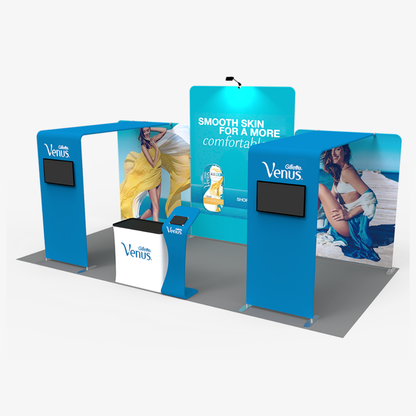 Tension fabric exhibition stand with two 32 inch screen mounts and printed graphics