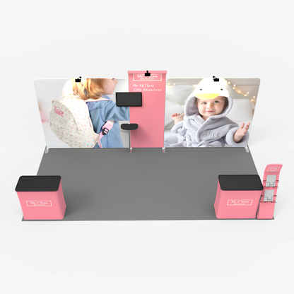Portable 6x3 trade show stand with twin display counters and spotlights