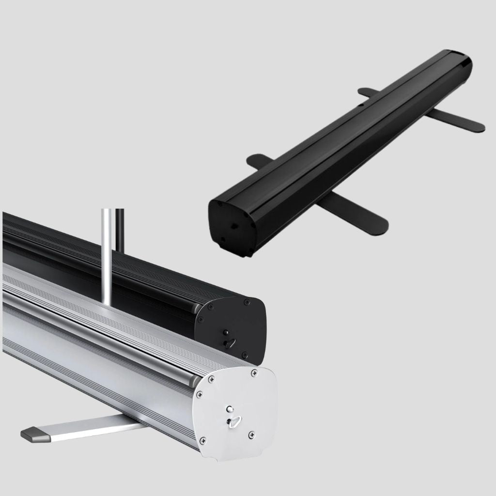 Pull up banner stands in silver and black side by side