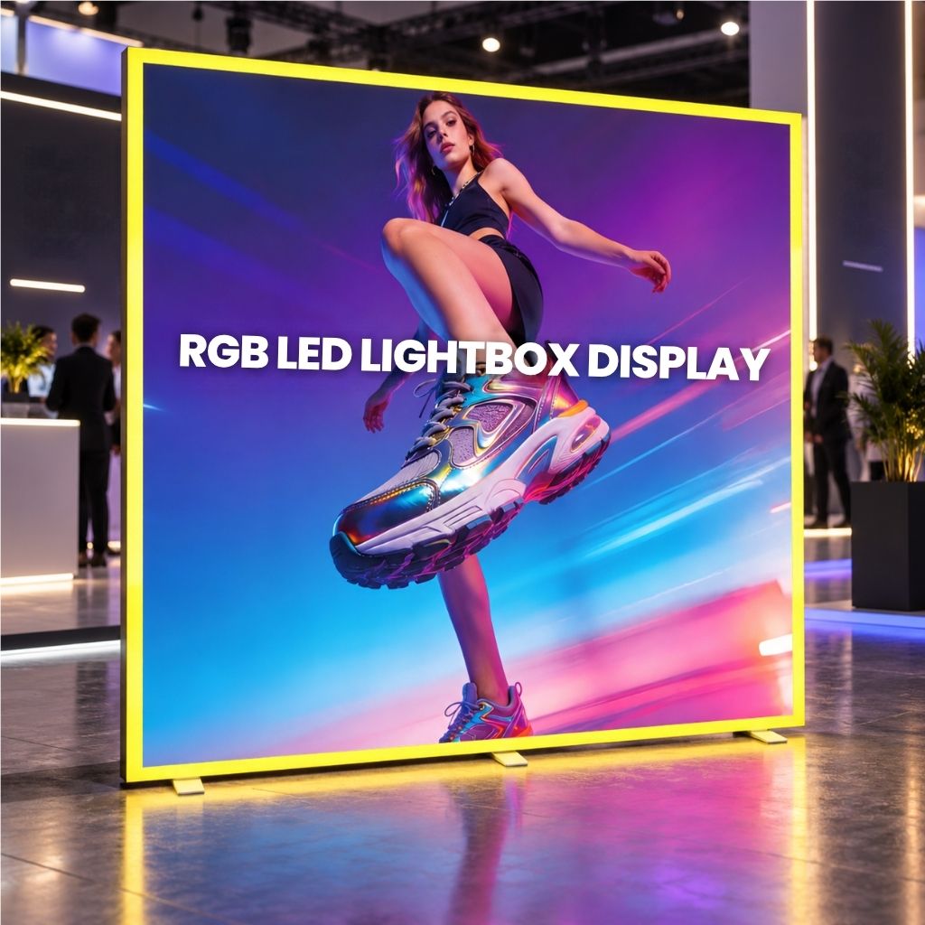 RGB LED Lightbox Display 2m wide backlit SEG fabric wall with colour-changing lit edge