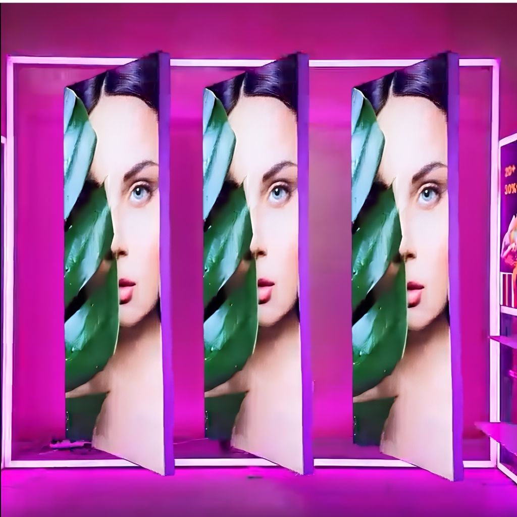 RGB Rotating Display with three double-sided SEG backlit panels turning inside a colour-changing lit frame