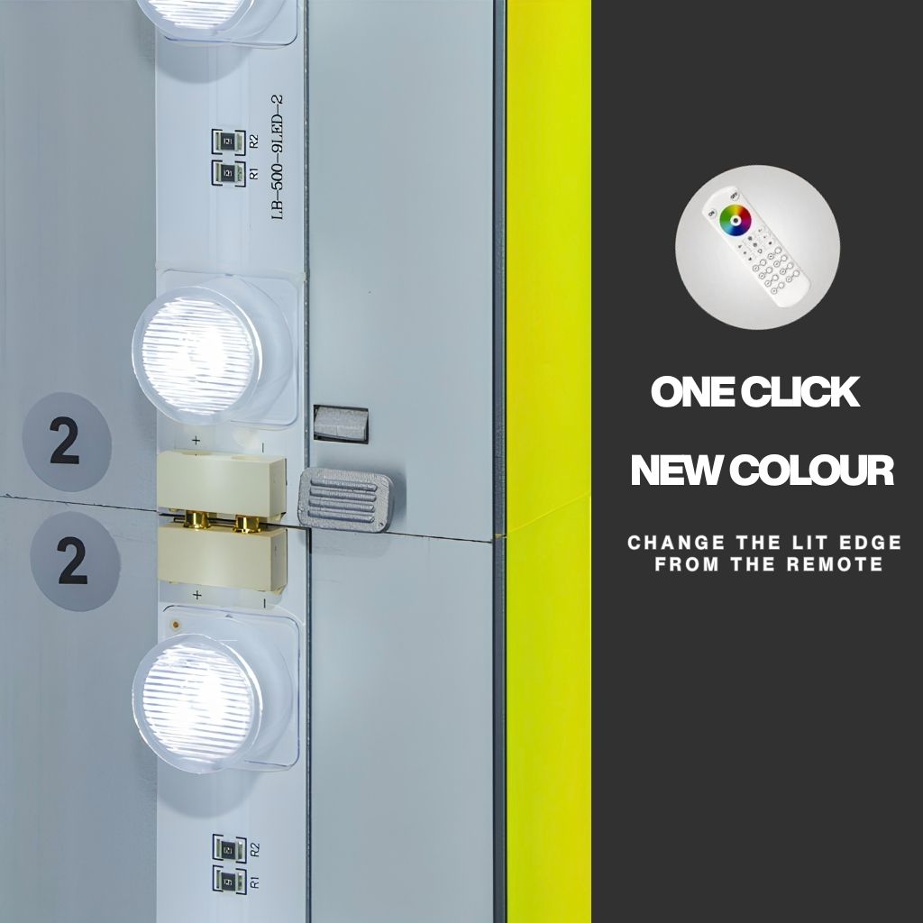 RGB LED lightbox display with the handheld remote used to change the edge light colour and effects