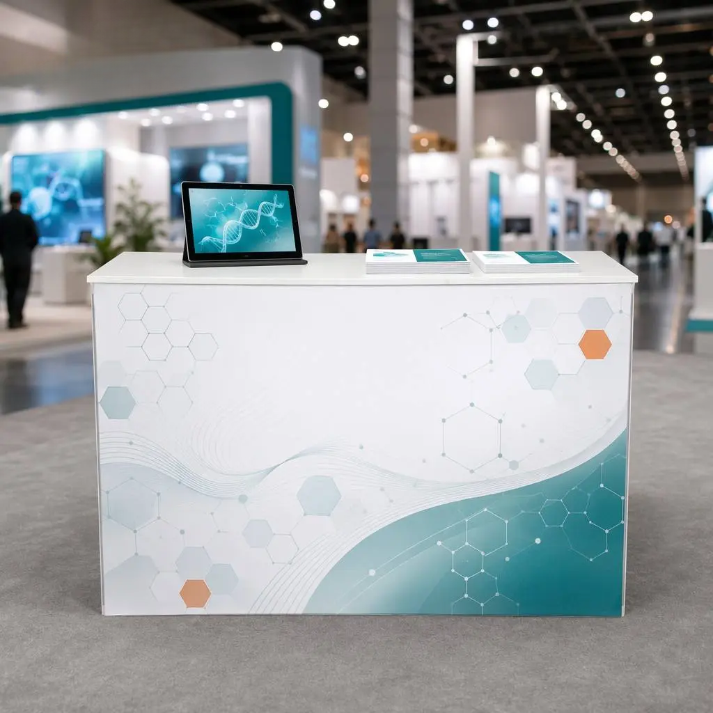 SEG Pop Up Counter 2m, two joined 1m modules with custom printed fabric graphic