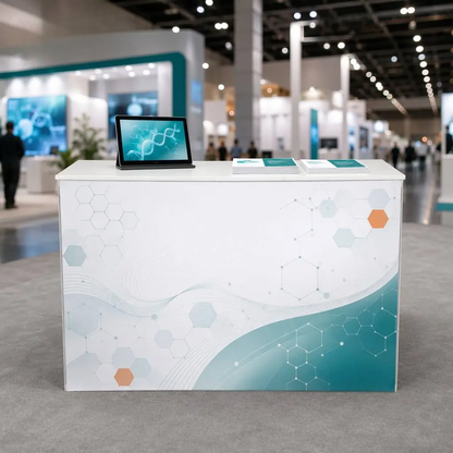 SEG Pop Up Counter 2m, two joined 1m modules with custom printed fabric graphic