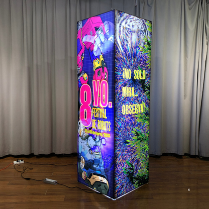 Tall backlit fabric tower display printed on all four sides with event artwork