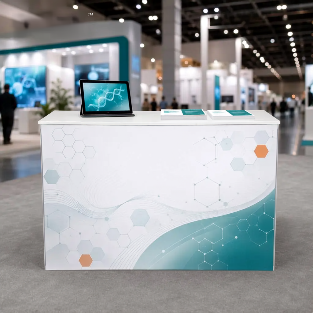 2m SEG backlit exhibition counter, illuminated, with white worktop