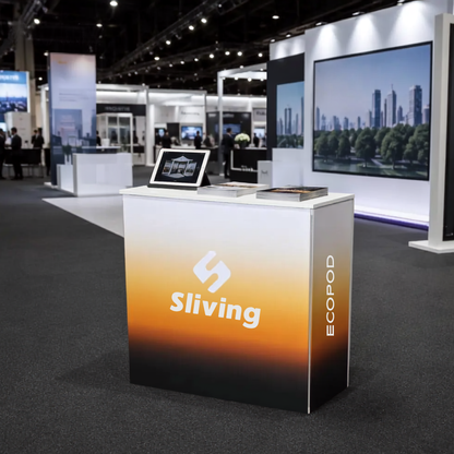 Backlit SEG pop up counter with custom branding for an exhibition booth