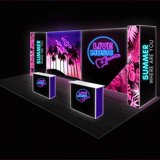 6x3 U-shape SEG backlit pop up exhibition stand with 6m back wall, lit wing walls and two lit counters