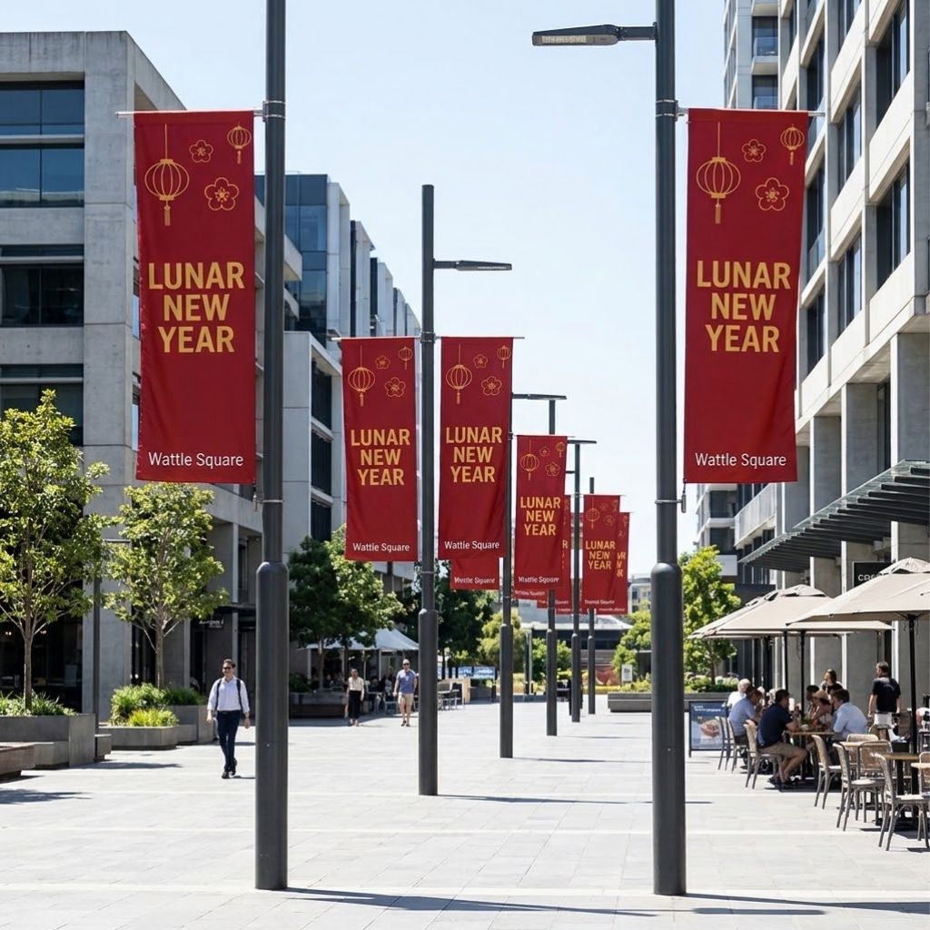 Red and gold Lunar New Year street banner flags on banner poles in a Sydney precinct plaza, 1000 x 3000mm