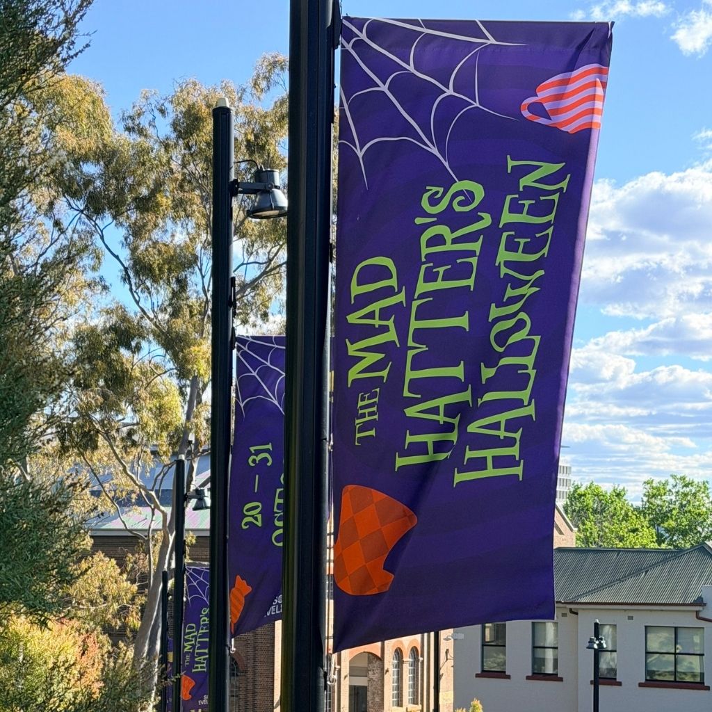 Purple Halloween street flag on a black banner pole in a Sydney precinct, 1000 x 3000mm with top rod pocket and side loops
