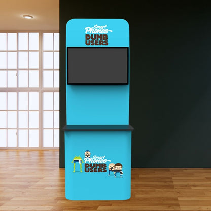 TV and counter display stand with custom printed fabric counter and 2.3m backwall with TV mount