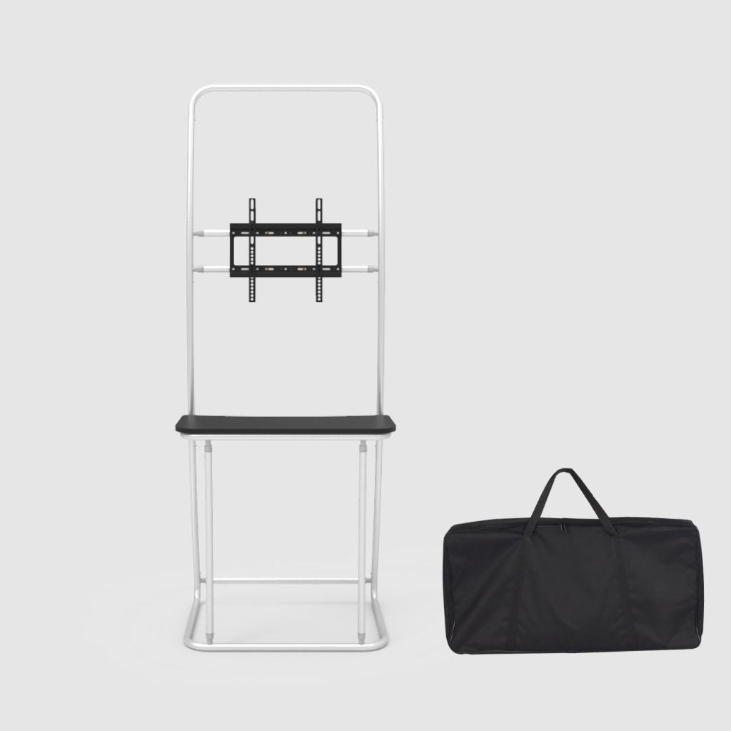 TV and counter display stand aluminium frame with MDF boards and TV mount, no fabric