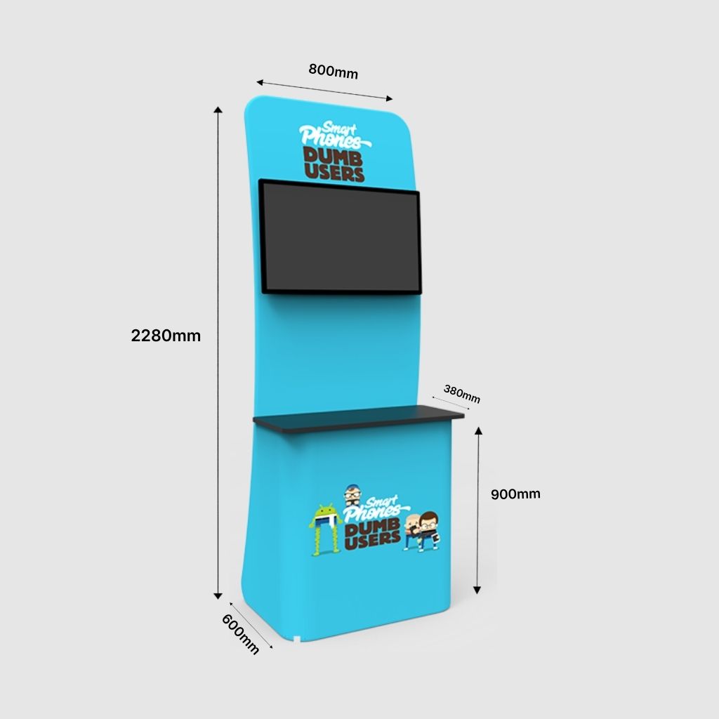 TV and counter display stand measurements, 830mm wide x 2280mm high x 600mm deep, counter 900mm high