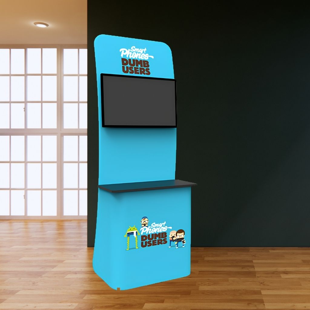 TV and counter display stand side view showing curved counter and backwall