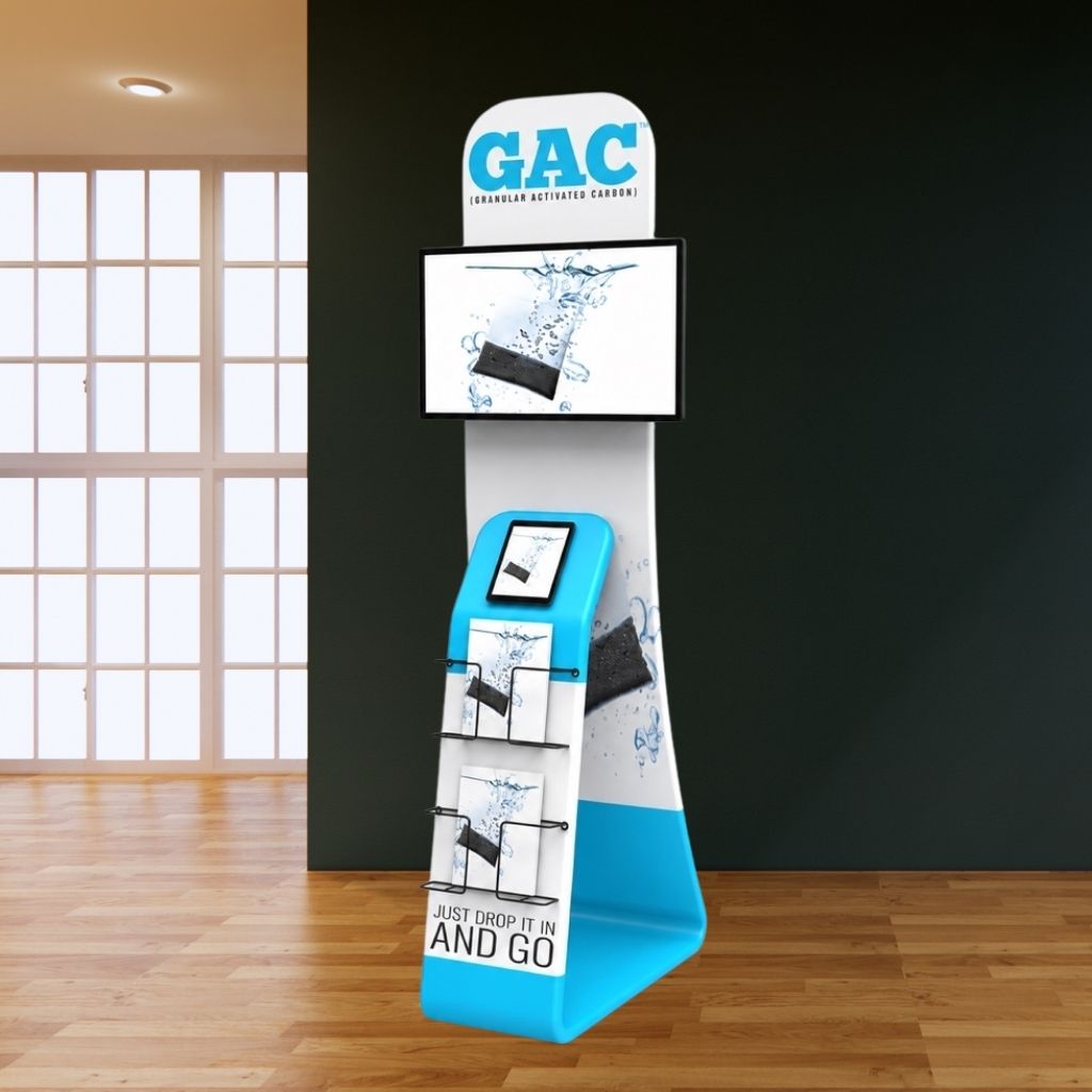 TV and tablet display stand with custom printed fabric graphic, TV mount, tablet holder and brochure holders