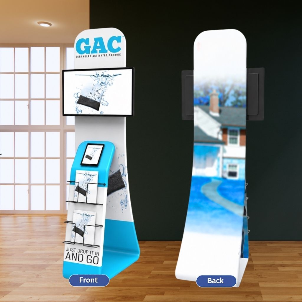 TV and tablet display stand front and back, printed both sides