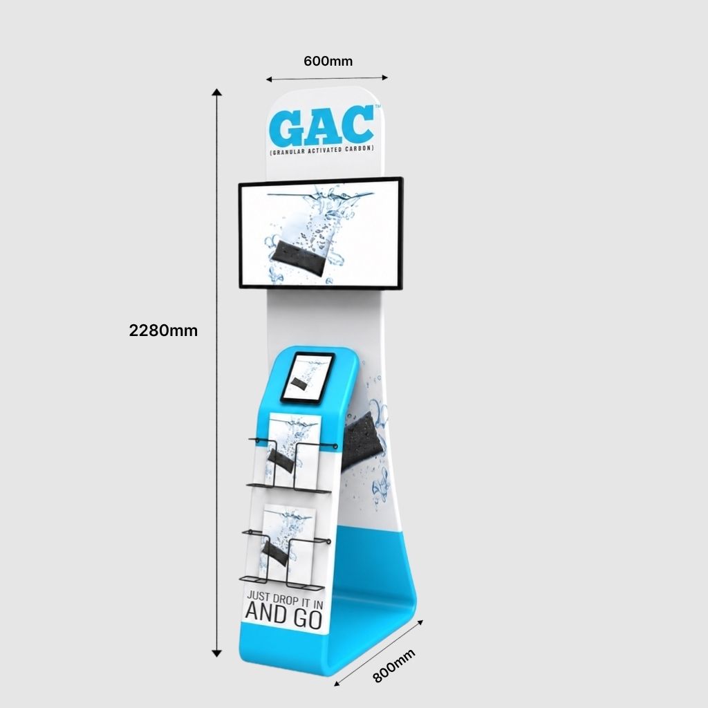 TV and tablet display stand measurements, 61cm wide x 228.6cm high x 79.2cm deep