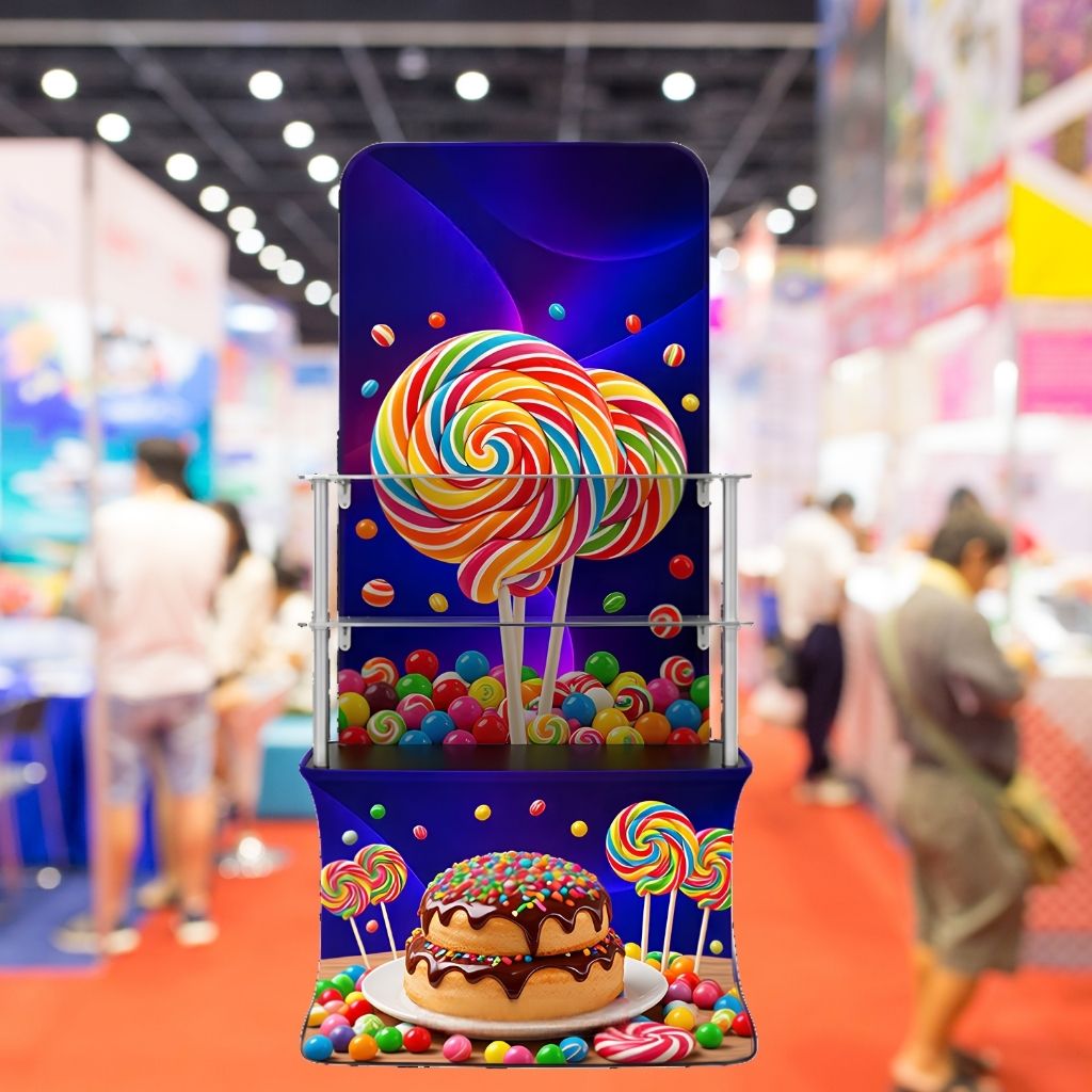 Tabletop tower display with shelves, custom printed fabric counter and 1.4m tower with two acrylic shelves