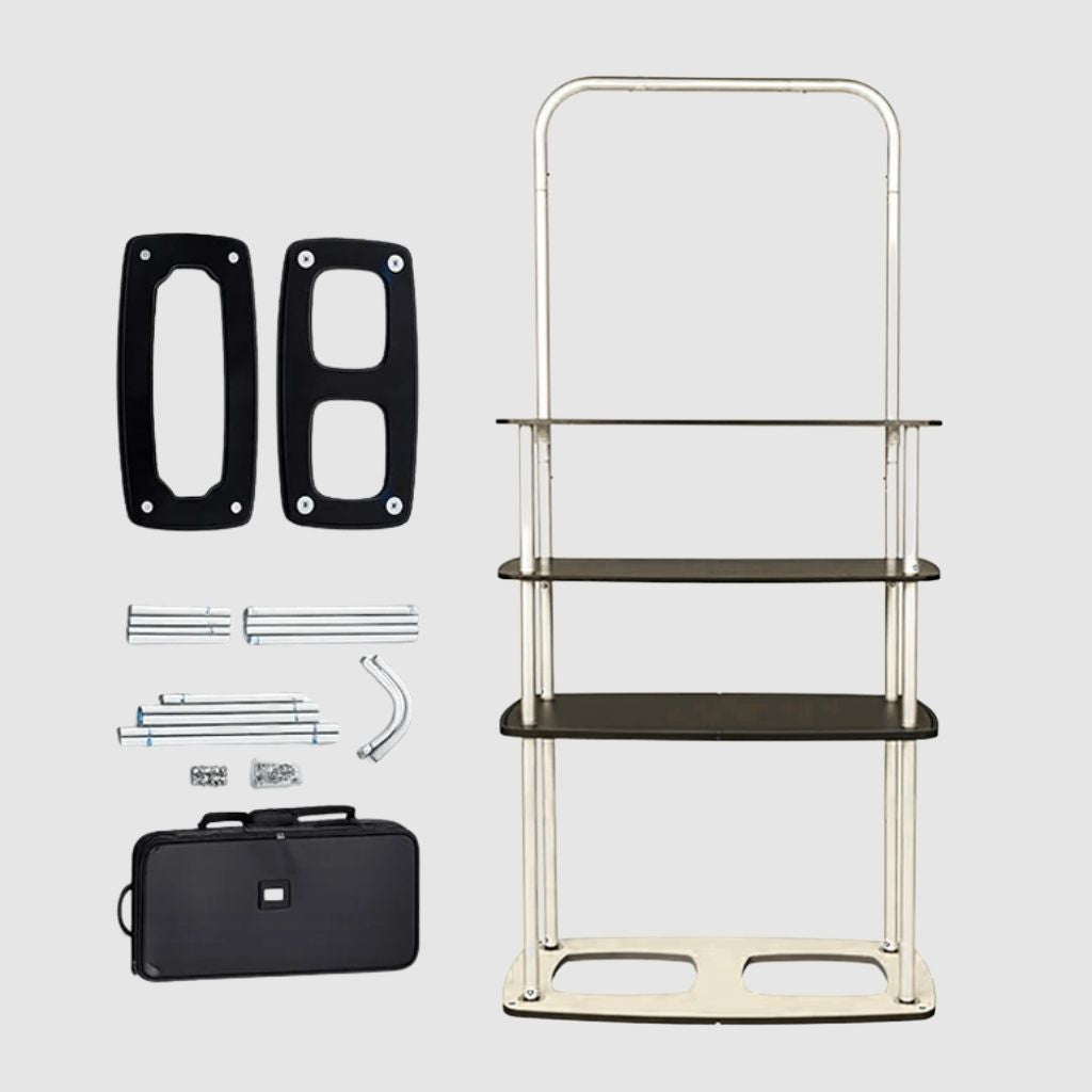 Tabletop tower display aluminium frame with MDF base and acrylic shelves, no fabric