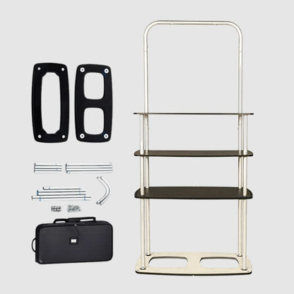 Tabletop tower display aluminium frame with MDF base and acrylic shelves, no fabric