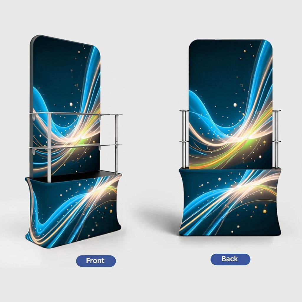 Tabletop tower display front and back views
