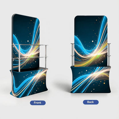 Tabletop tower display front and back views