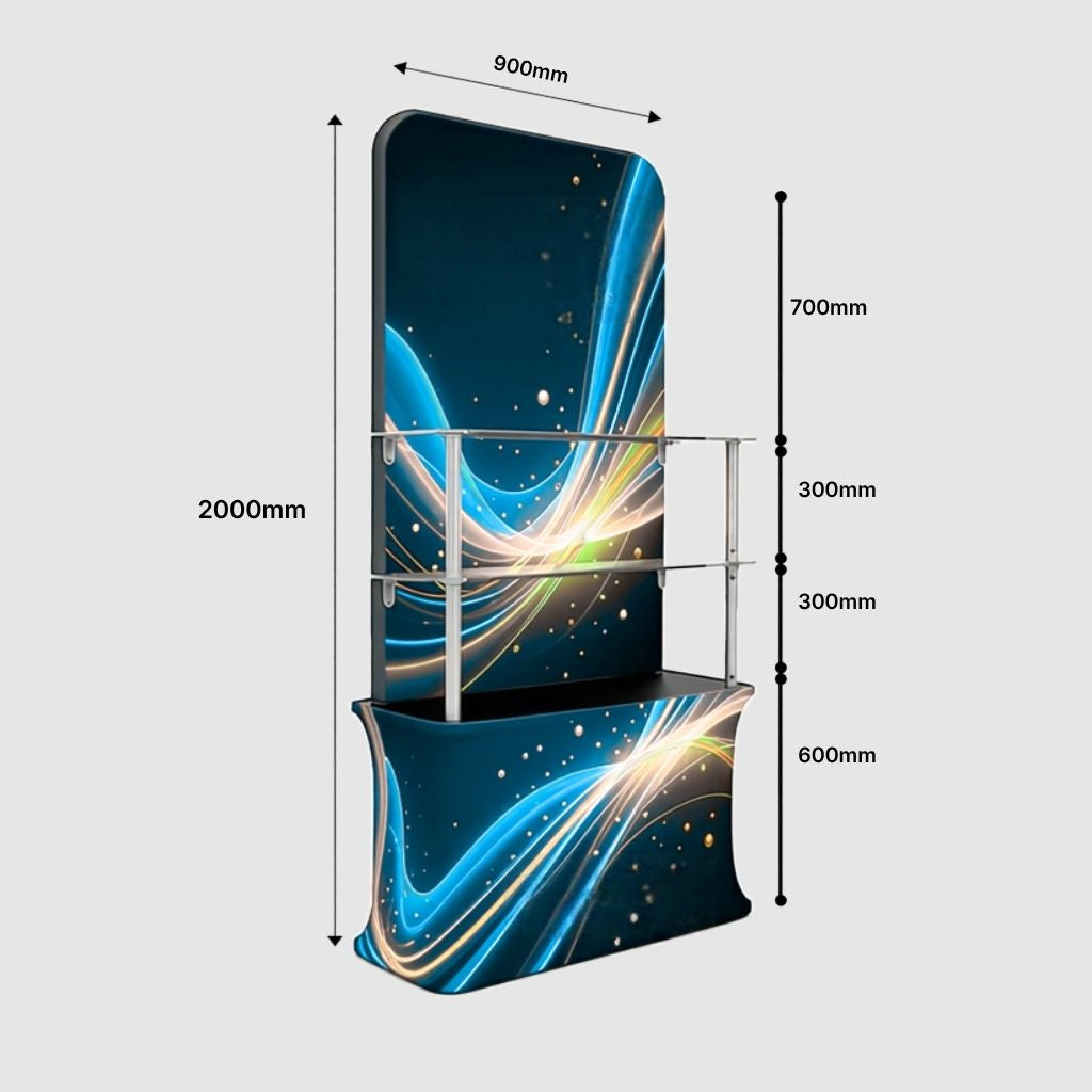 Tabletop tower display measurements, 0.9m wide x 2m high x 0.45m deep
