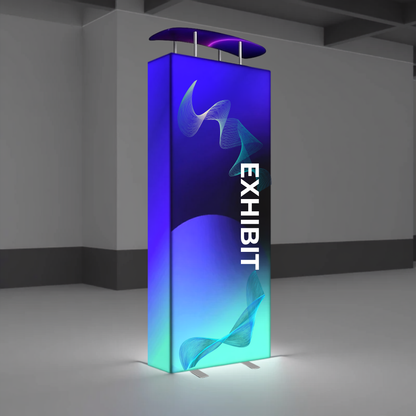 Backlit 3D fabric column display with curved header, column lit from inside with LED lighting