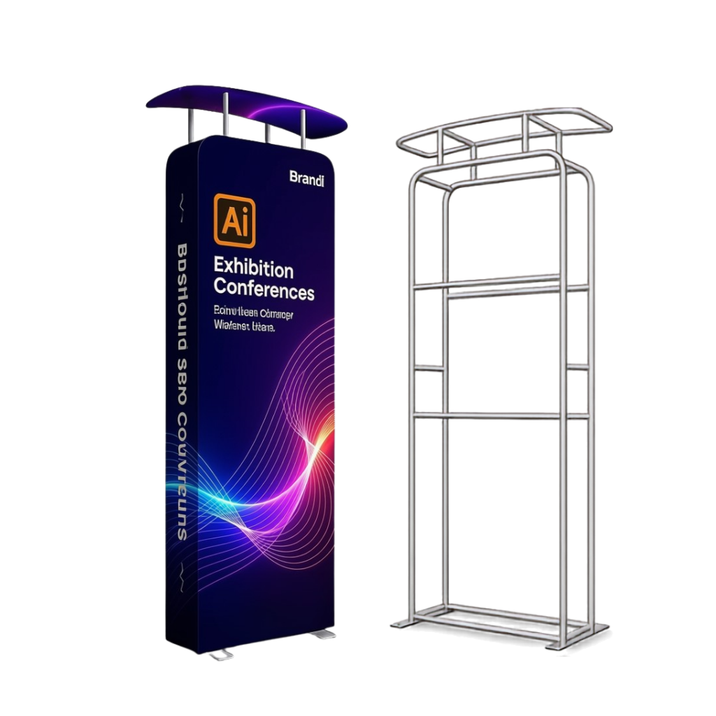 3D fabric column display with curved header, shown printed and as bare aluminium frame