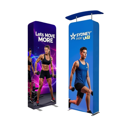 3D fabric column display shown without header and with curved header