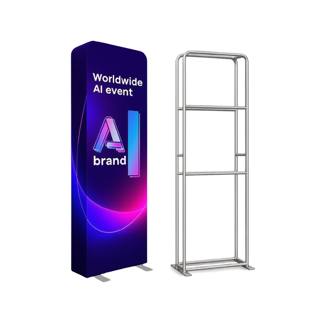 Non-backlit 3D fabric column display beside its tool-free aluminium frame