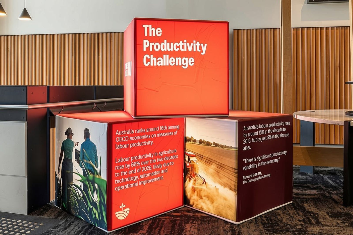 Backlit fabric cubes, stacked — conference foyer display