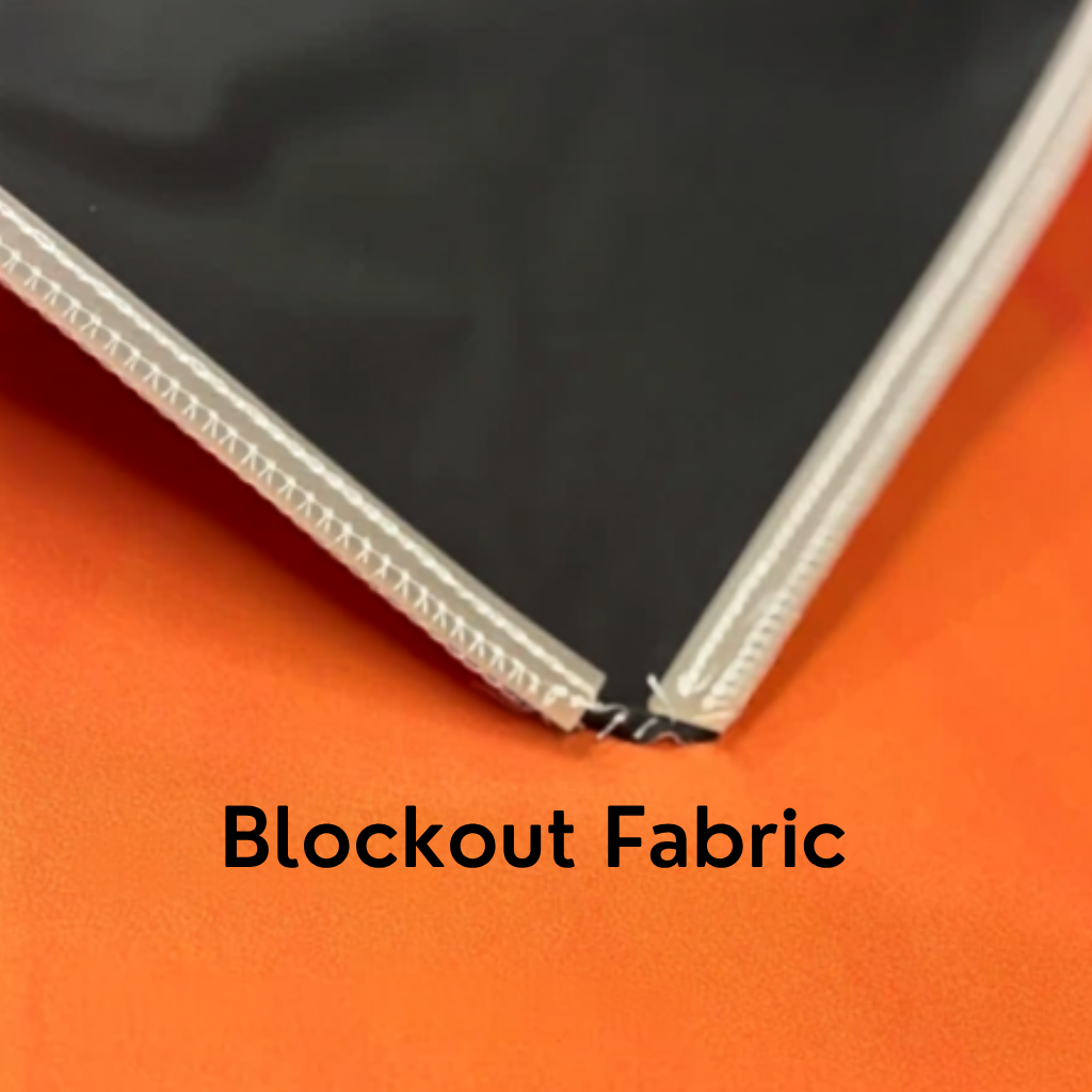 Blockout fabric printing — the printed fabric itself is blockout-backed on single-sided orders, standard at no extra cost