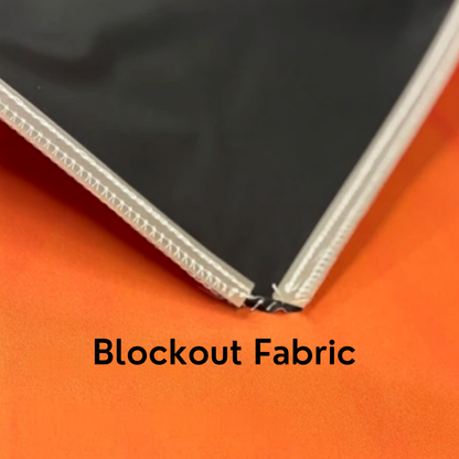 Blockout fabric printing — the printed fabric itself is blockout-backed on single-sided orders, standard at no extra cost