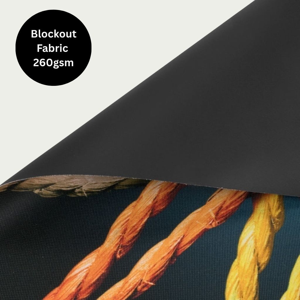 Blockout 260gsm fabric banner close-up showing the black back