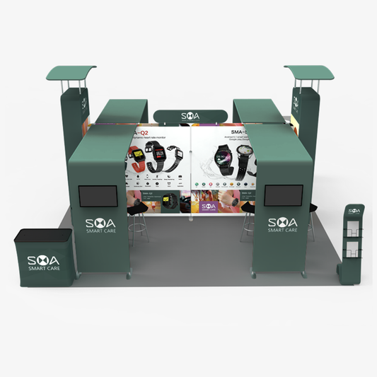 6x6 Pavilion exhibition stand - four arch panels, two 3m pillars with headers and three counters