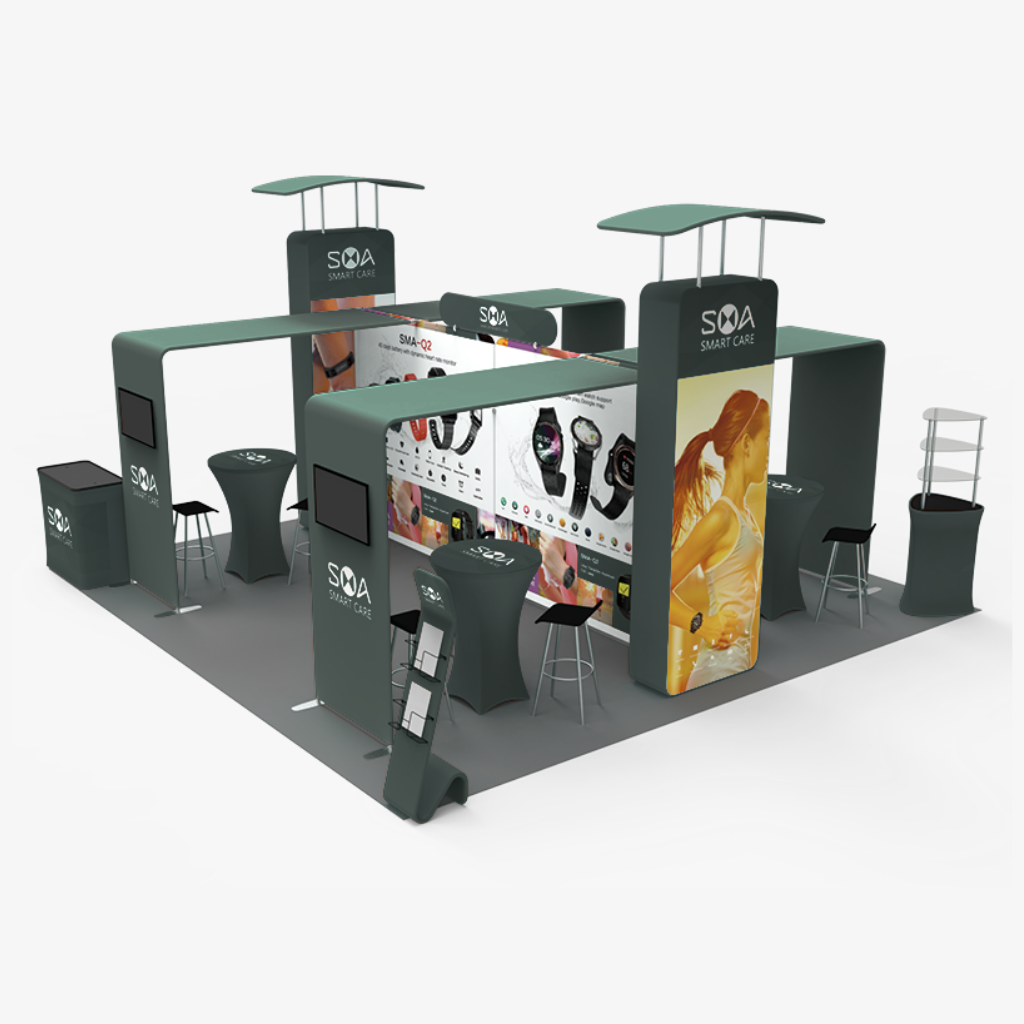 Large 6x6 fabric tube exhibition stand with 4m walls, arch returns and printed headers