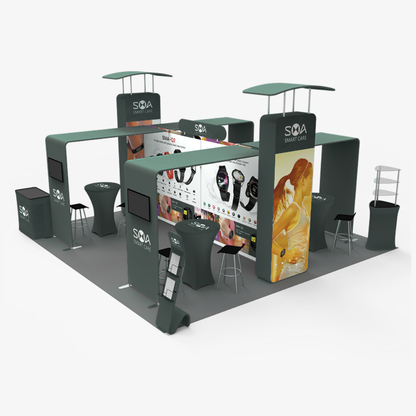 Large 6x6 fabric tube exhibition stand with 4m walls, arch returns and printed headers