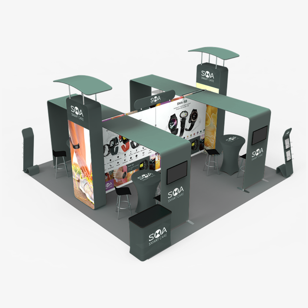 6m x 6m fabric exhibition booth with arch mounted screens, triangle counter and iPad stand