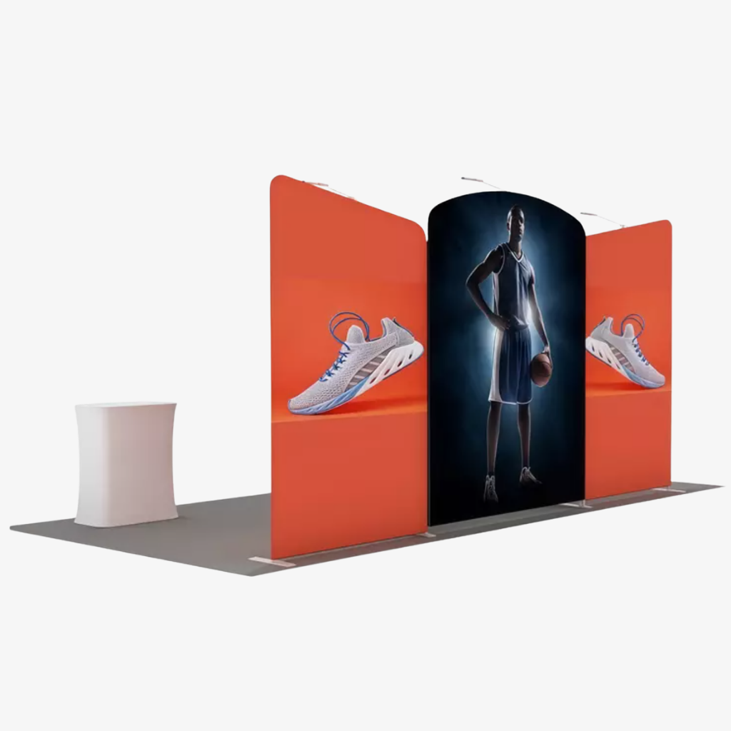 Tool-free aluminium tube exhibition stand frame with shaped fabric panels
