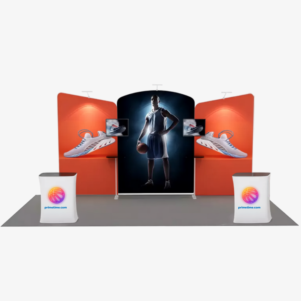 6x3 shaped fabric exhibition stand with curved centre and inclined side panels — Cascade by Wild Cow Visual