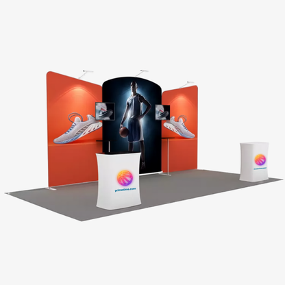 6m exhibition booth with curved top centre panel and two angled side walls