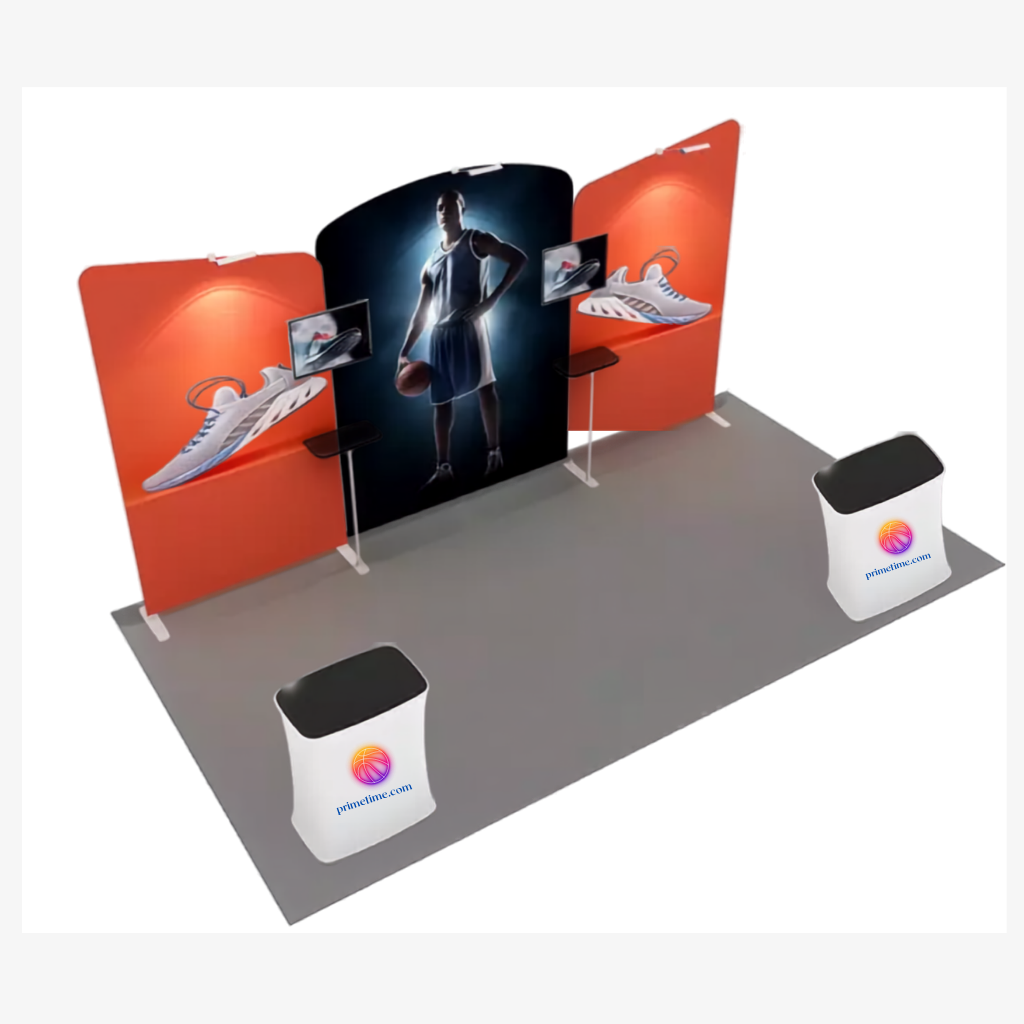 Portable 6x3 trade show stand with two display counters and shelf stands
