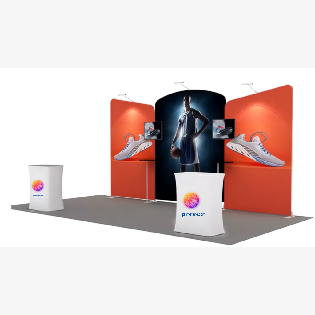 Shaped tension fabric exhibition wall with printed graphics and twin counters