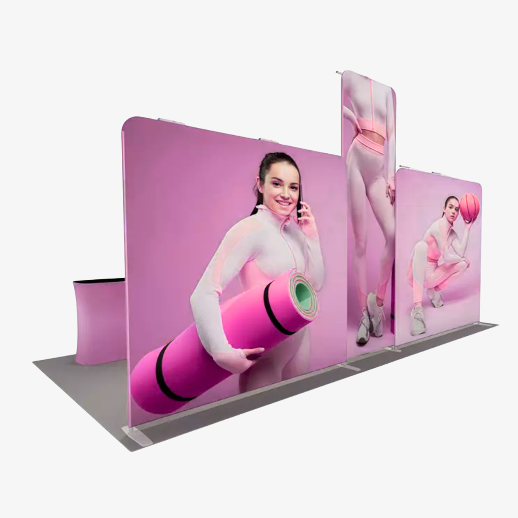 Tool-free aluminium tube exhibition stand frame with printed fabric panels