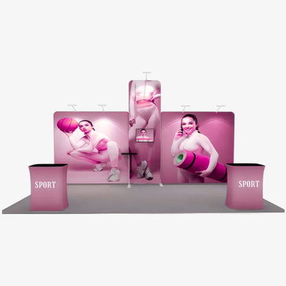 6x3 fabric exhibition stand with 3.2m tower and two counters — Spire by Wild Cow Visual