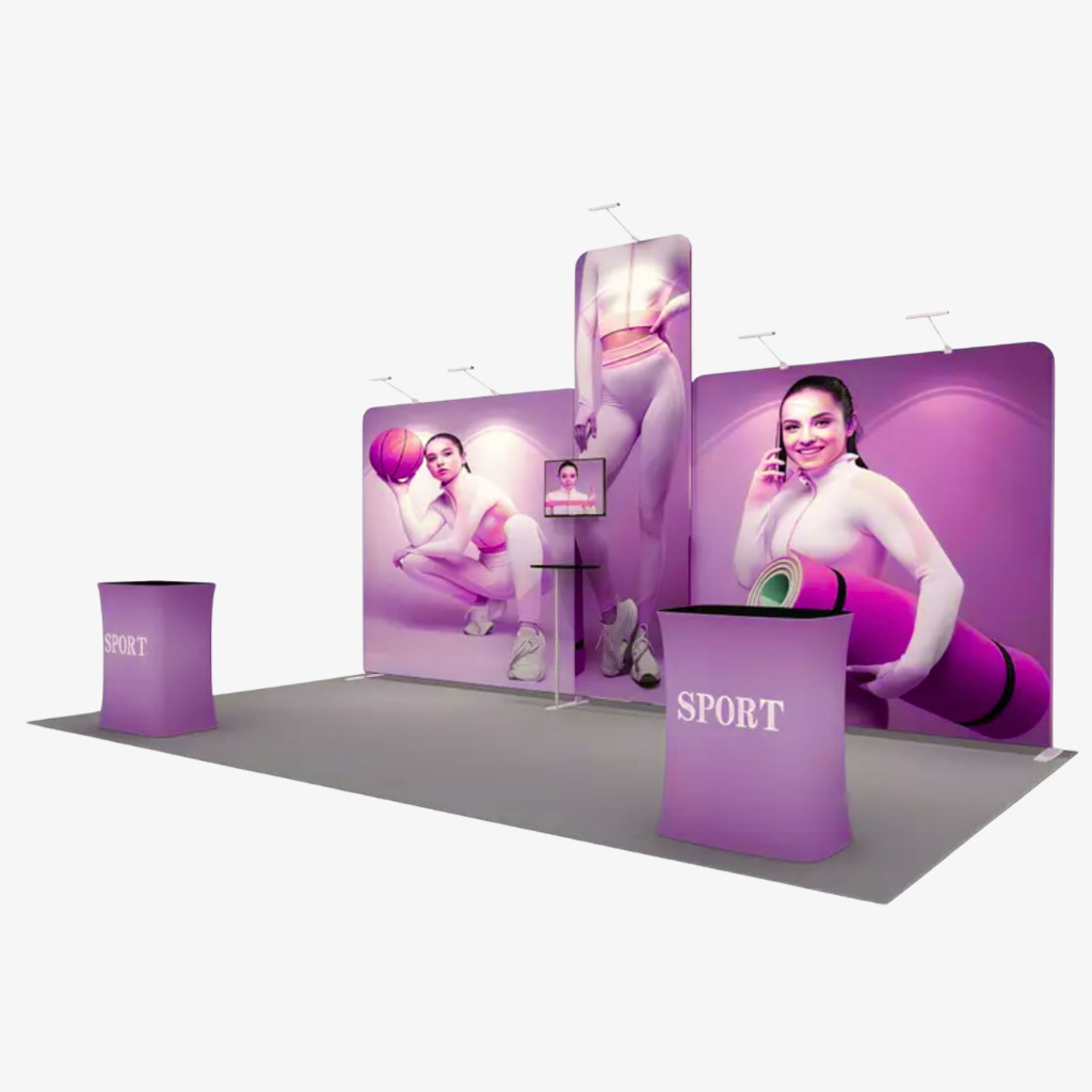 Portable 6x3 trade show stand with twin display counters and spotlights